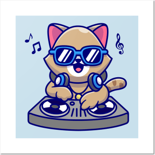 Cute Cat Playing Dj Music With Headphone Cartoon Posters and Art